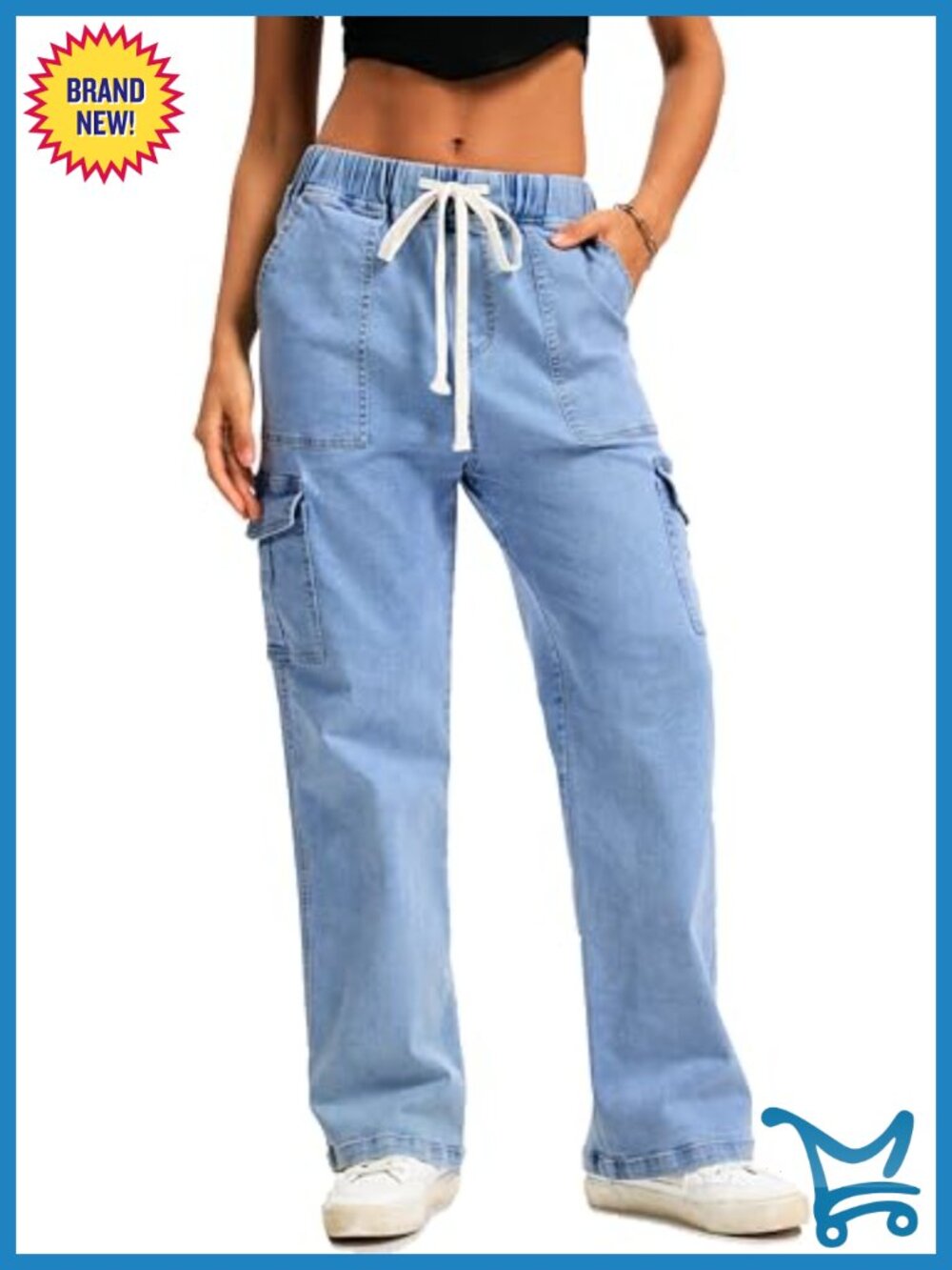HVEPUO Women's High Waisted Cargo Jeans Baggy Straight Leg Stretch Denim Pants